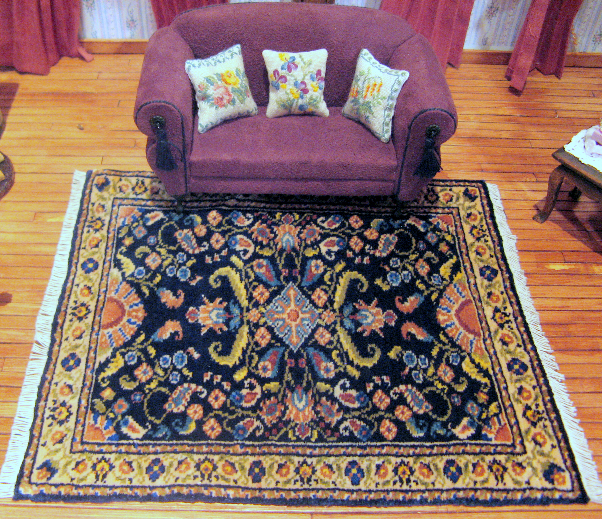 ludwina silk carpet petit point pillows chair made in Kari bloom workshop